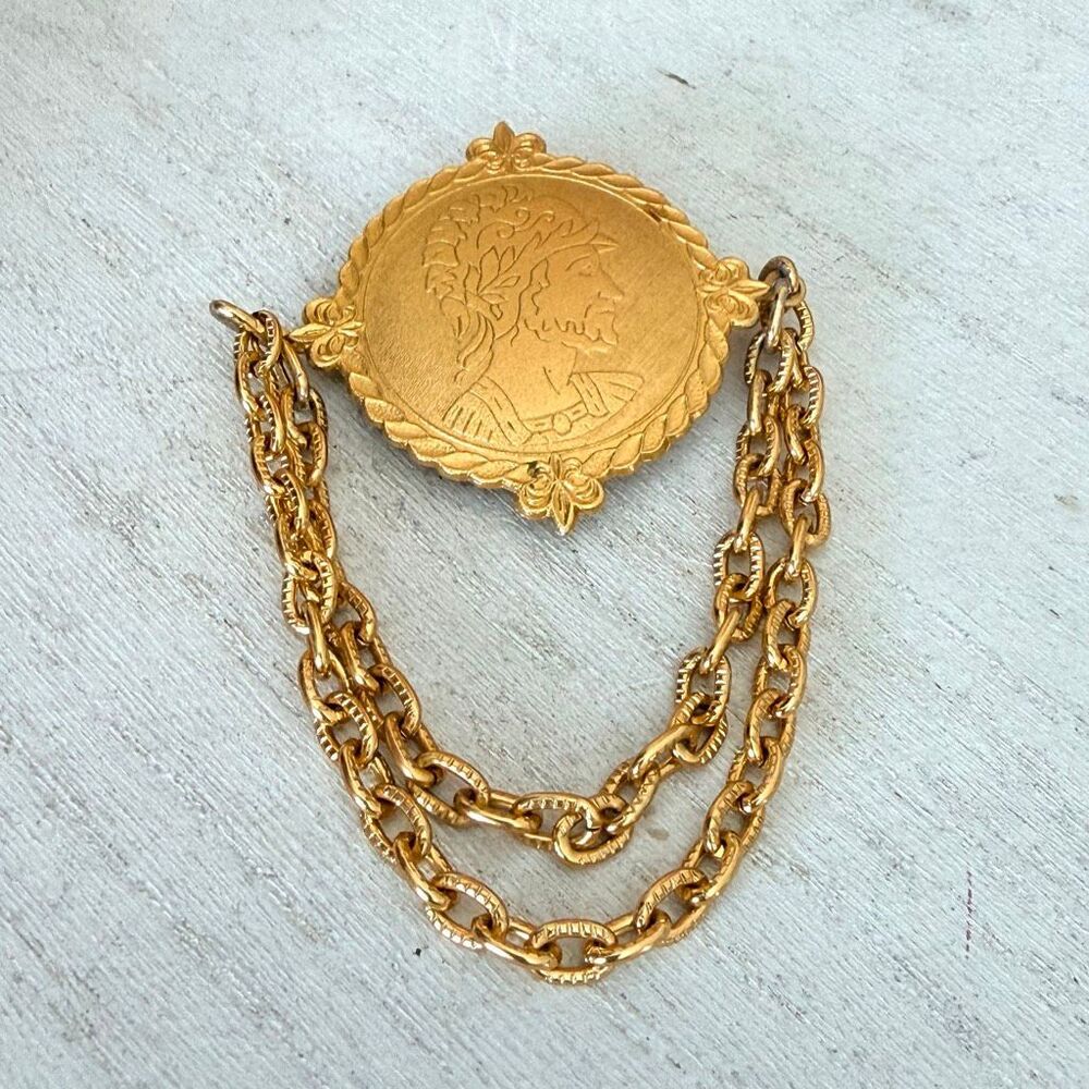 Vintage Gold Tone Classical Medallion Double Chain Swag Brooch